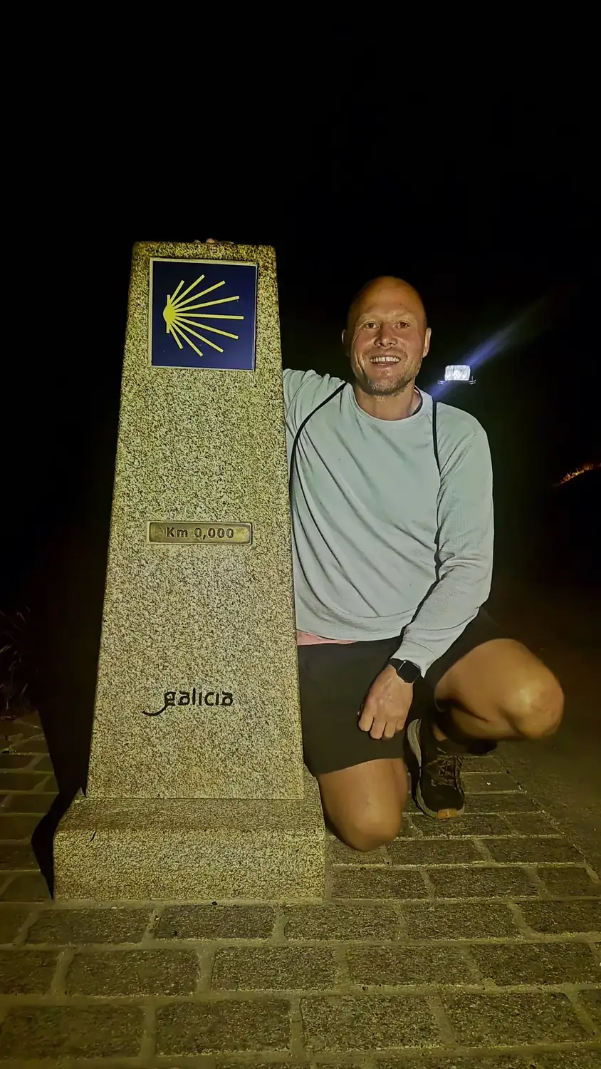 0 km-merke ved slutten av en Camino-rute